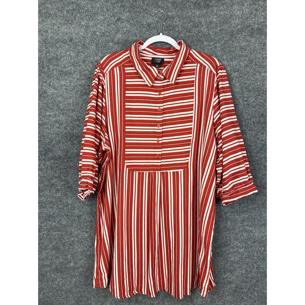 June + Vie Linen‎ Blouse Women's 1X 22/24 Red/White Striped Long Boho Lagon Look